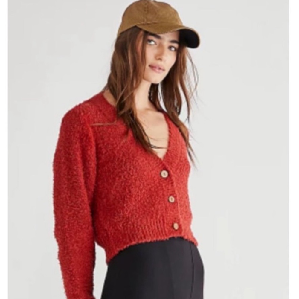 🆕 FREE PEOPLE Brianna Cropped Cardigan S Burgundy 🆕